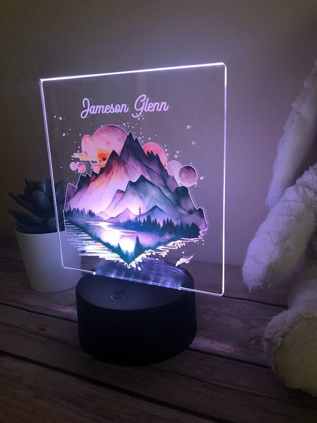Monogrammed Mountain Custom Name Light | Personalized Bedroom LED Night Light | Light Up Sign