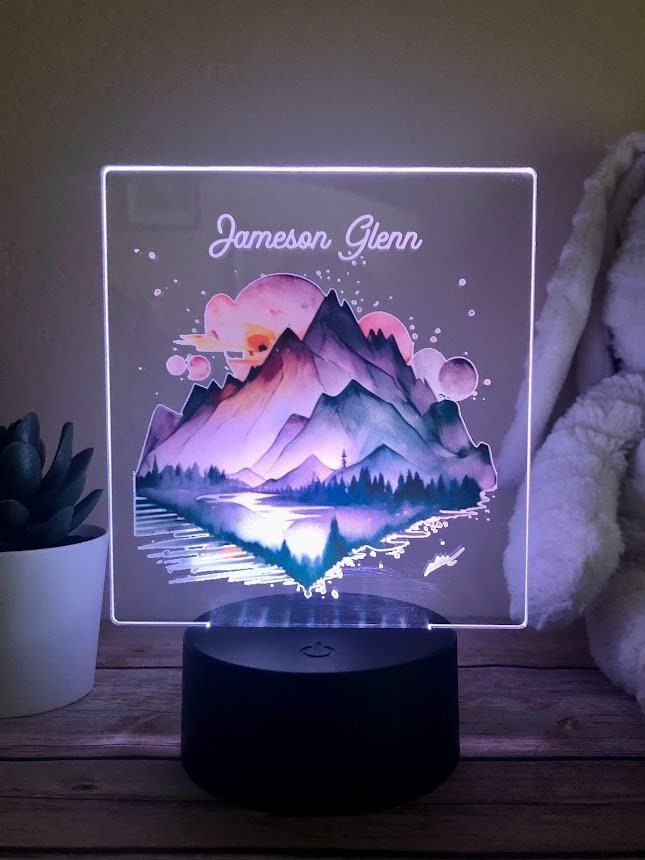 Monogrammed Mountain Custom Name Light | Personalized Bedroom LED Night Light | Light Up Sign
