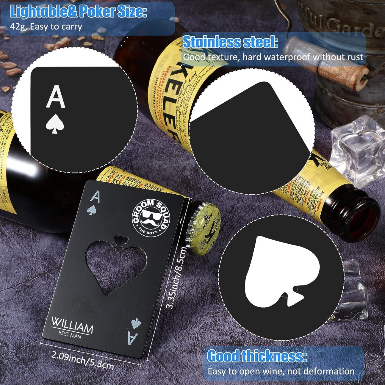 Personalized Groomsmen Gift | Custom Stainless Steel Card Bottle Openers | Personalized Poker Ace of Spades