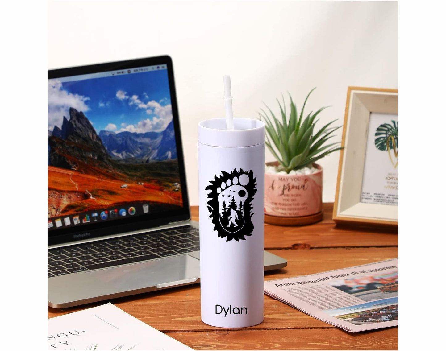 Monogrammed Sasquatch Skinny Tumbler with Lid and Straw | Bigfoot gifts