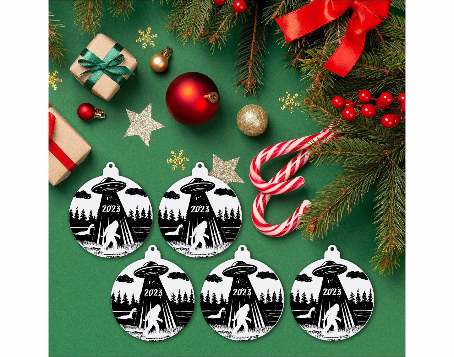 Aliens and Bigfoot Christmas Ornament 2023