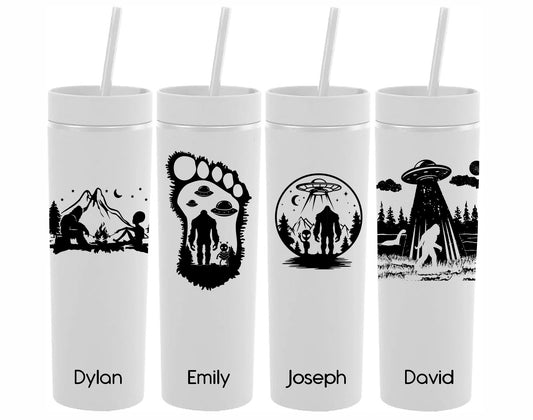 Custom Bigfoot Alien Skinny Tumblers with Lid and Straw | Bigfoot gifts | Alien Gifts | Sasquatch Lover