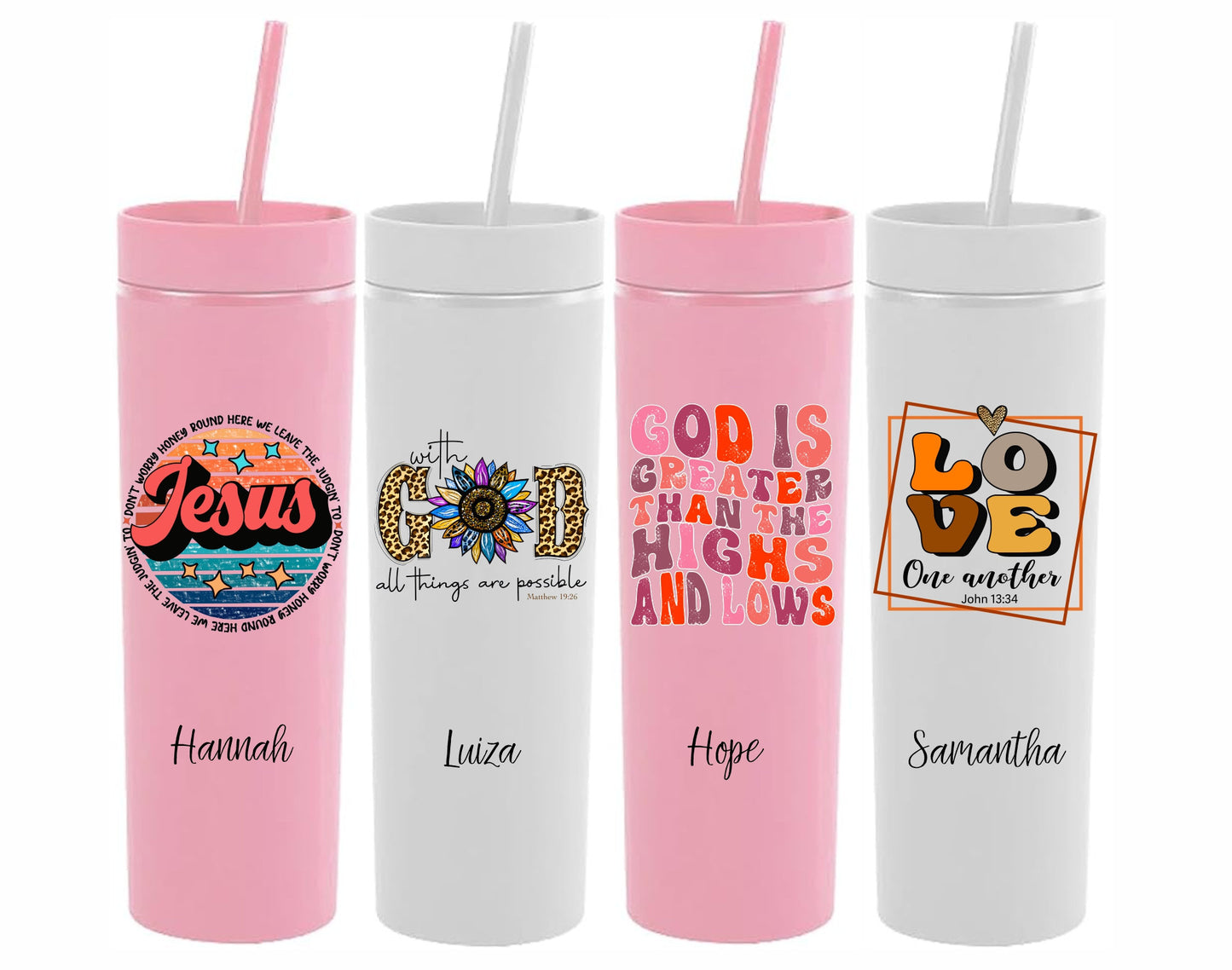 Monogrammed Christian Themed Skinny Tumbler with Lid and Straw