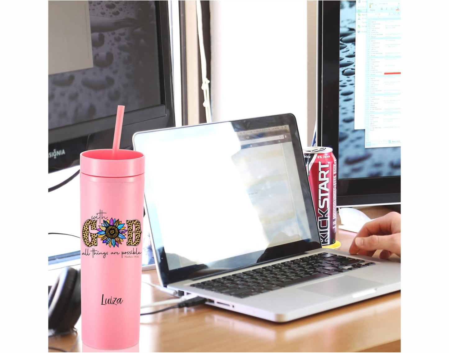 Monogrammed Christian Themed Skinny Tumbler with Lid and Straw