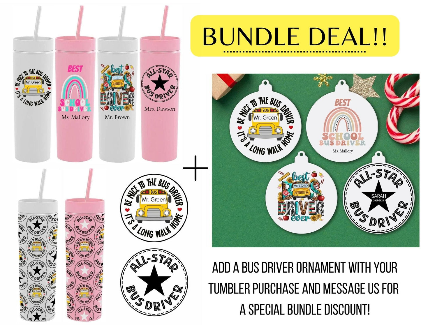 Monogrammed Bus Driver Appreciation Skinny Tumbler with Lid and Straw